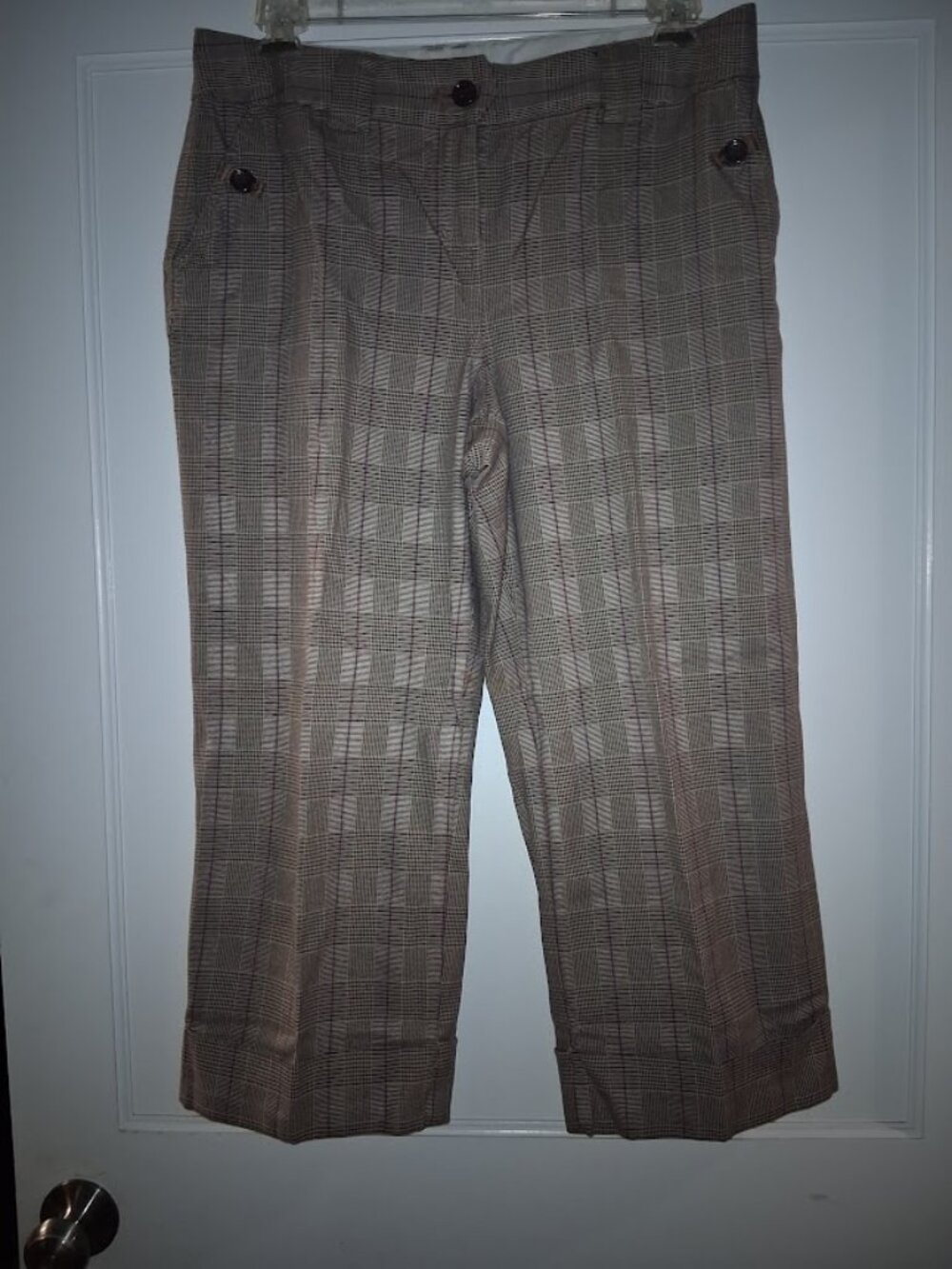 Context Women's Houndstooth Cropped Cuff Dress Pants Sz 12 Button Accents